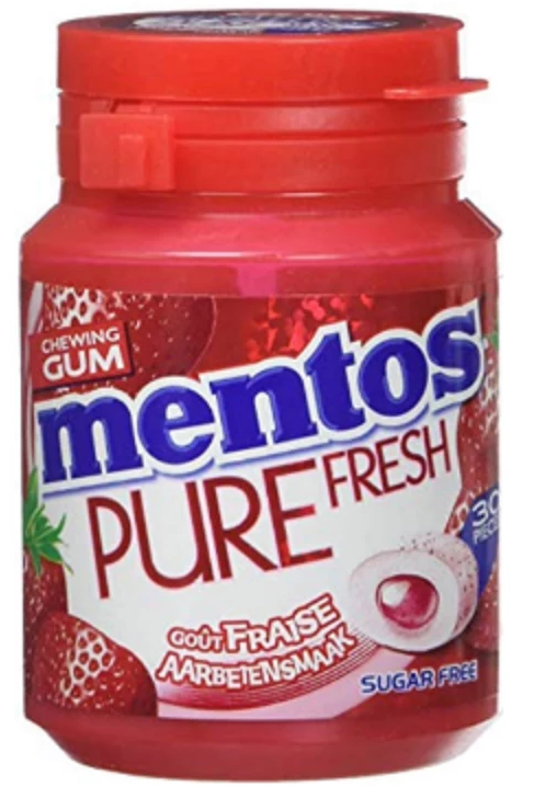 WHITE STRAWBERRY 103G BOTTLE MENTOS GUM Sans Sucre *6