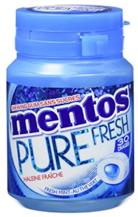 WHITE SPEARMINT 103G BOTTLE MENTOS GUM Sans Sucre *6